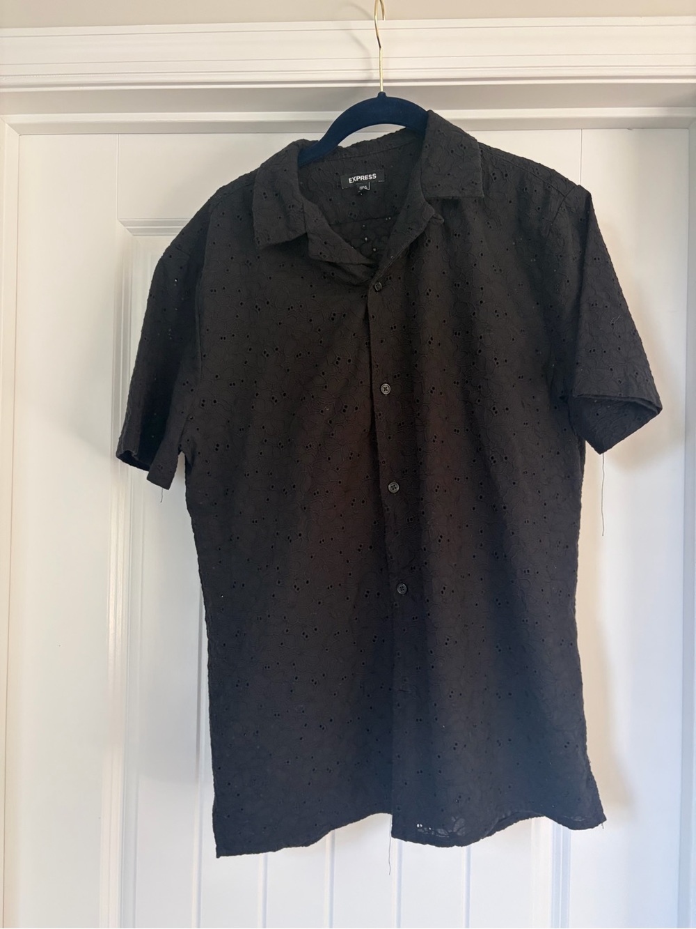 Express Men’s Black Short-Sleeve Eyelet Button-Down Shirt